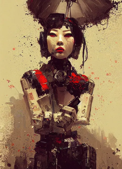 Image similar to geisha robot, rule of thirds, intricate outfit, spotlight, by greg rutkowski, by jeremy mann, digital painting