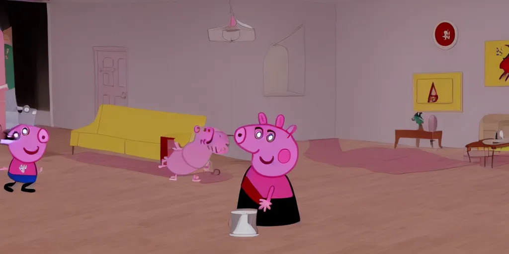 Image similar to peppa pig and Mario in twin peaks. black and white zig zag floor, david lynch, red room, agent cooper