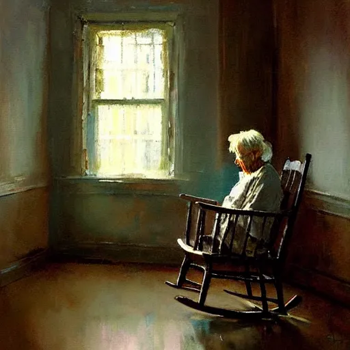 Image similar to lonely old woman sitting alone on rocking chair, painting by jeremy mann