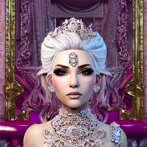 Image similar to portrait of pretty princess with white hair, beauty, ornate and intricate diamond jewelry, glowing, jaw dropping, ornate and intricate backdrop, white accent lighting, hyper detailed, 4 k octane render