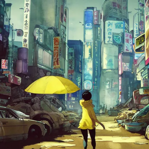 Prompt: incredible wide screenshot, ultrawide, simple watercolor, rough paper texture, ghost in the shell movie scene, backlit distant shot of girl in a parka running from a giant robot invasion side view, yellow parasol in deserted dusty shinjuku junk town, broken vending machines, bold graphic graffiti, old pawn shop, bright sun bleached ground, mud, fog, dust, windy, scary robot monster lurks in the background, ghost mask, teeth, animatronic, black smoke, pale beige sky, junk tv, texture, brown mud, dust, tangled overhead wires, telephone pole, dusty, dry, pencil marks, genius party,shinjuku, koji morimoto, katsuya terada, masamune shirow, tatsuyuki tanaka hd, 4k, remaster, dynamic camera angle, deep 3 point perspective, fish eye, dynamic scene