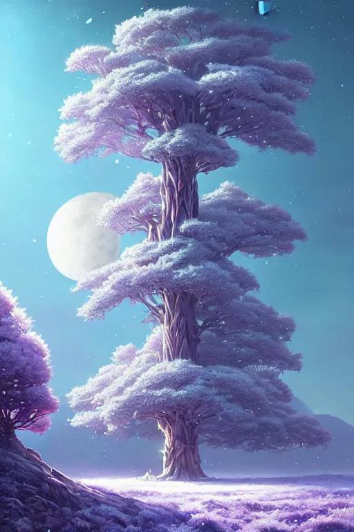 Image similar to giant tree in snow with purple flowers on surface of the moon, unreal engine, fantasy art by greg rutkowski, loish, rhads, ferdinand knab, makoto shinkai and lois van baarle, ilya kuvshinov, rossdraws, tom bagshaw, global illumination, radiant light, detailed and intricate environment