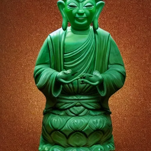 Prompt: half - length portrait of a life - sized elaborate jade sculpture of buddha reimagined as yoda