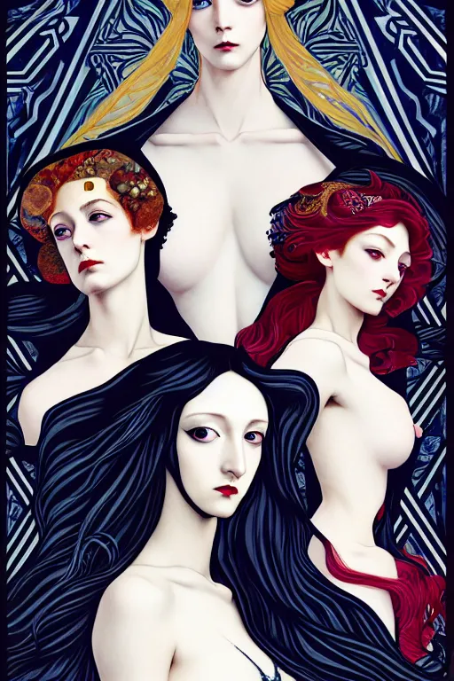 Image similar to a triad of winter muses, style blending æon flux, shepard fairey, botticelli, ivan bilibin, and john singer sargent, inspired by pre - raphaelites, shoujo manga, and harajuku fashion, stark landscape, muted dark colors, superfine inklines, ethereal, otherworldly, 4 k photorealistic, arnold render