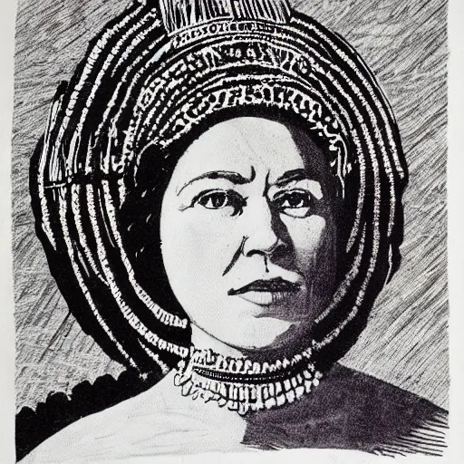 Prompt: queen elizabeth wearing herero headdress, lino print