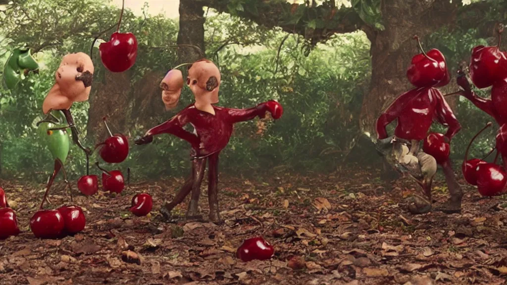 Image similar to anthropomorphic cherries fighting in a backyard, film still from the movie directed by Denis Villeneuve with art direction by Salvador Dalí, wide lens