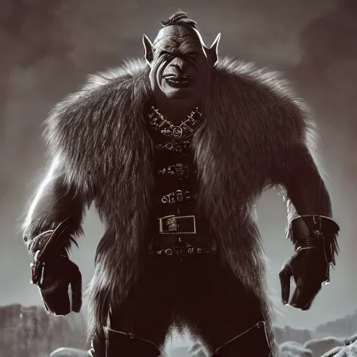 Image similar to A full body shot of a handsome orc looking into the camera wearing a leather fur jacket and boots, full body shot, detailed face, artstation, realistic, highly detailed, symmetrical, hyper realistic, dynamic pose, high detail, octane render, unreal engine, 8k, fantasy art, highly detailed, concept art, art by greg rutkowski