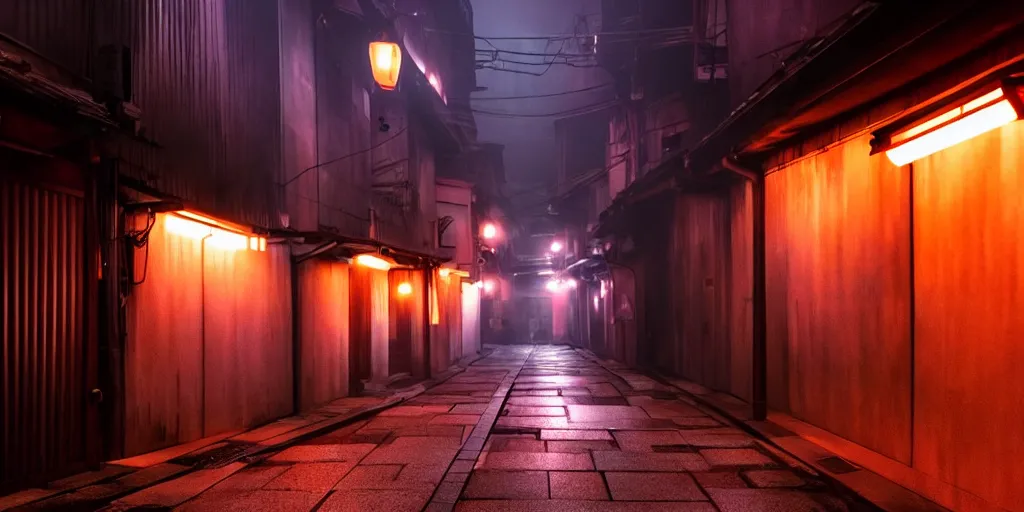 Image similar to a japanese alleyway filled with ghosts, in the style of blade runner 2049, volumetric lighting