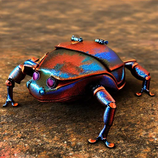 Image similar to end times paradox rust metallic beetle robot frog, photorealistic, 8 k, ultra detailed, all colors, many lines.