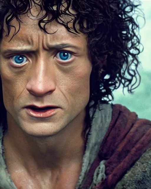 Prompt: film still close up shot of dwayne johnson as frodo baggins in the movie the lord of the rings. photographic, photography