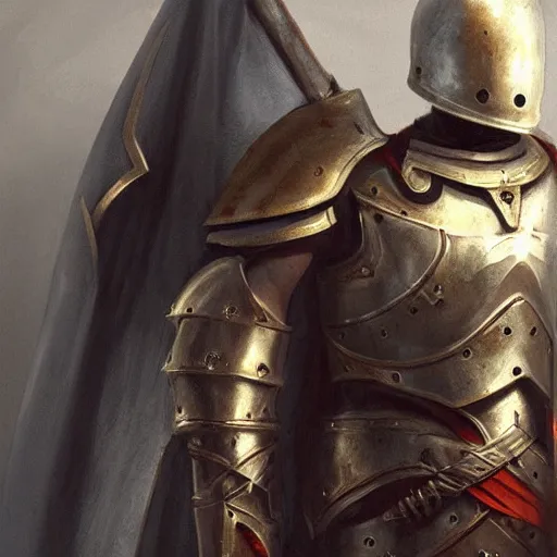 Image similar to man in decorated crusader armor, helmet and white cape drawn by greg rutkowski realistic high detail