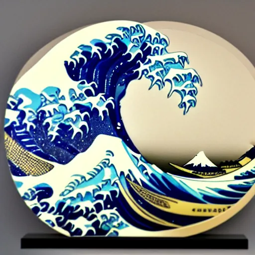 Image similar to a photo of a circular marble statue of The Great Wave off Kanagawa, in a museum, 3D, sculpture