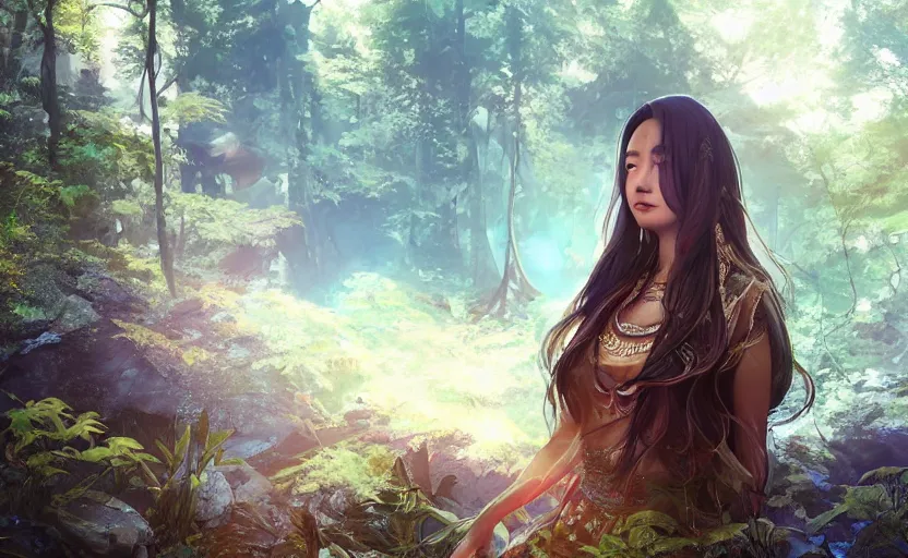 Prompt: beautiful Himalayan woman, sci-fi tibetan fashion, brown very very long hair, somber, scene of a summer forest with glowing blue lilies, dramatic light, wide angle, , dramatic angle , 8k hdr pixiv by Makoto Shinkai and Wojtek Fus, rossdraws, ambient occlusion