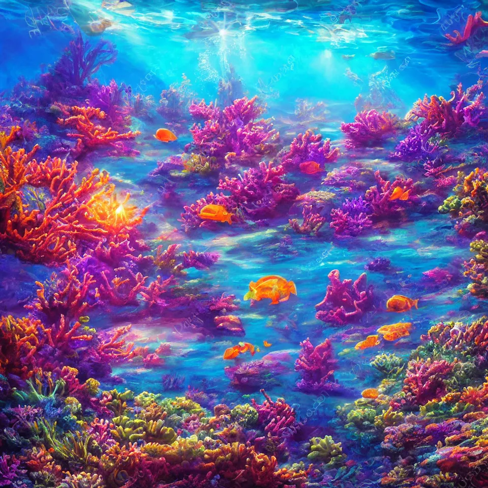 Image similar to underwater neon coral reef landscape magical realism painting with sun rays coming from above, neon pastel colors