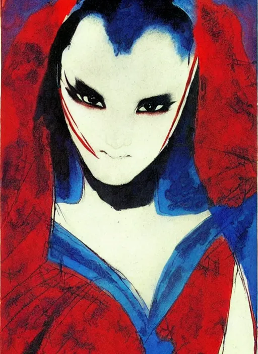 Prompt: portrait of heavyset korean vampiress, jeweled veil, blue and red, strong line, saturated color, beautiful! coherent! by frank frazetta, high contrast, minimalism