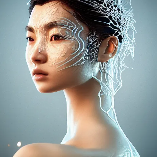 Image similar to intricate highly detailed face portrait of asian - european woman, light blue water vines on her face, intricate, cgsociety, unreal engine, octane render, sharp focus, smooth, volumetric lighting, cinematic composition, artstation