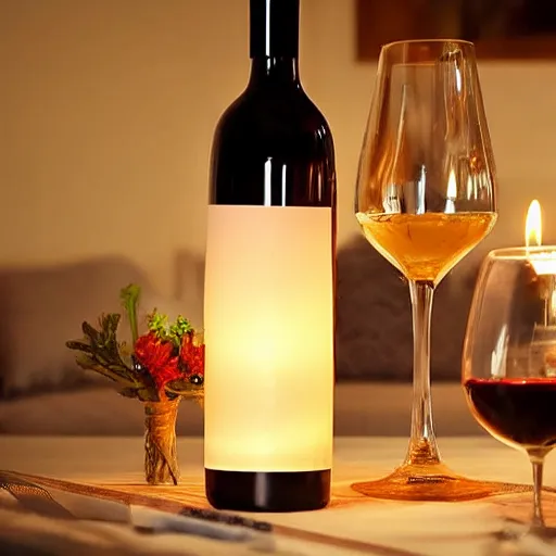 Prompt: romantic candle - lit dinner on a luxury table with a wine bottle, soft light, warmly lit