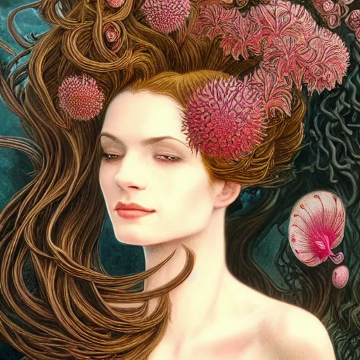 Image similar to facial portrait of a young pretty woman in flowing dress, arrogant, mysterious, long fine flowing hair, delicate, looking at camera, slightly awkward smile, realistic face, hands behind back, stylish, elegant, grimdark fantasy, flowers, extremely detailed painting inspired by Gerald Brom and Ernst Haeckel and Kaluta