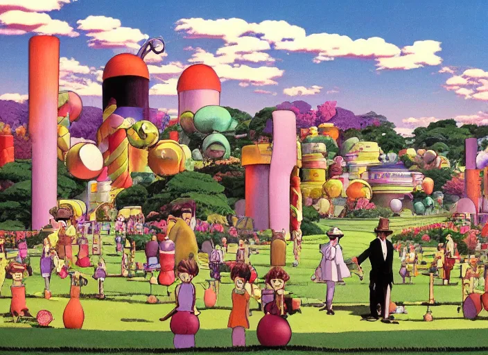 Image similar to film still of Willy Wonka's and the Chocolate Factory 1971 Artwork by Dice Tsutsumi, Makoto Shinkai, Studio Ghibli