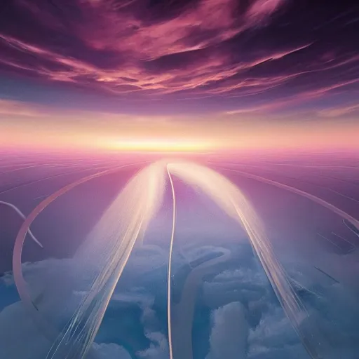 Image similar to hyperrealistic image of laminar helmholtz flow on sunset horizon sky, by thomas eakes & xiang duan & mike judge, perfect symmetry, dim volumetric lighting, photorealistic, 8 k octane beautifully detailed render, post - processing, extremely hyper - detailed, intricate, epic composition, cinematic lighting, masterpiece, trending on artstation, incredibly detailed, stunning,