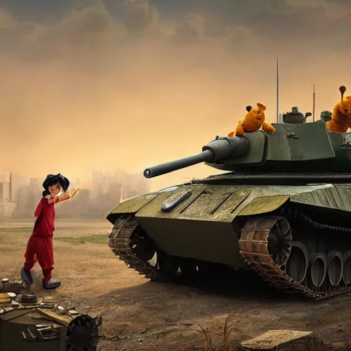 Image similar to screaming winnie the pooh having a tantrum in front of chinese type 5 9 battletank at tiananman square, dystopian, highly detailed, photorealistic, octane render, 8 k, unreal engine. art by artgerm and greg rutkowski and alphonse mucha