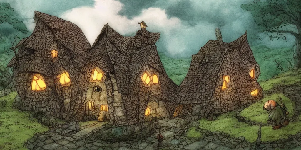 Prompt: house, barn, golem. fable haven by hayao miyazaki : : house, barn, golem