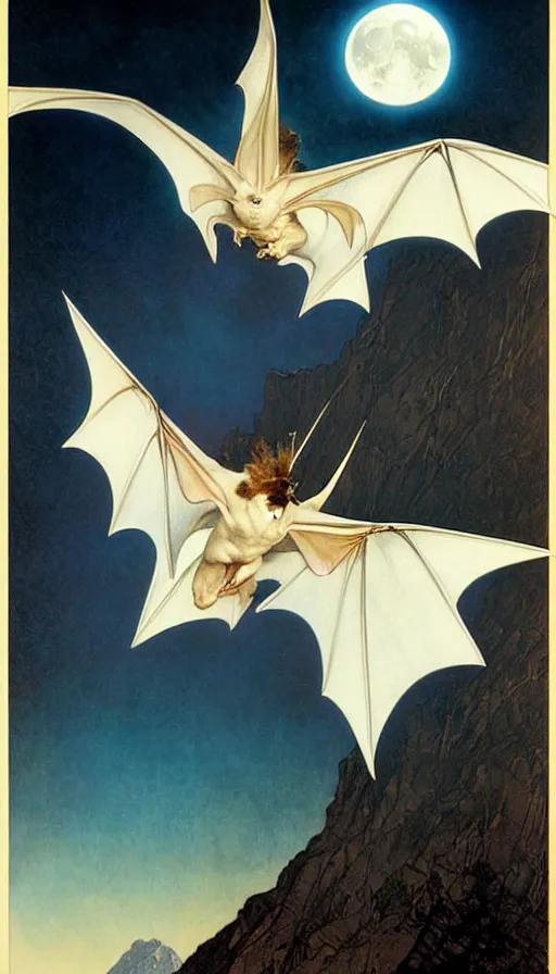 Image similar to hyper realistic white bat, flying against a dark black night sky, mountain in the background, moonlight, denoised, very detailed, painted by james gurney, alphonso mucha, norman rockwell, tom bagshaw