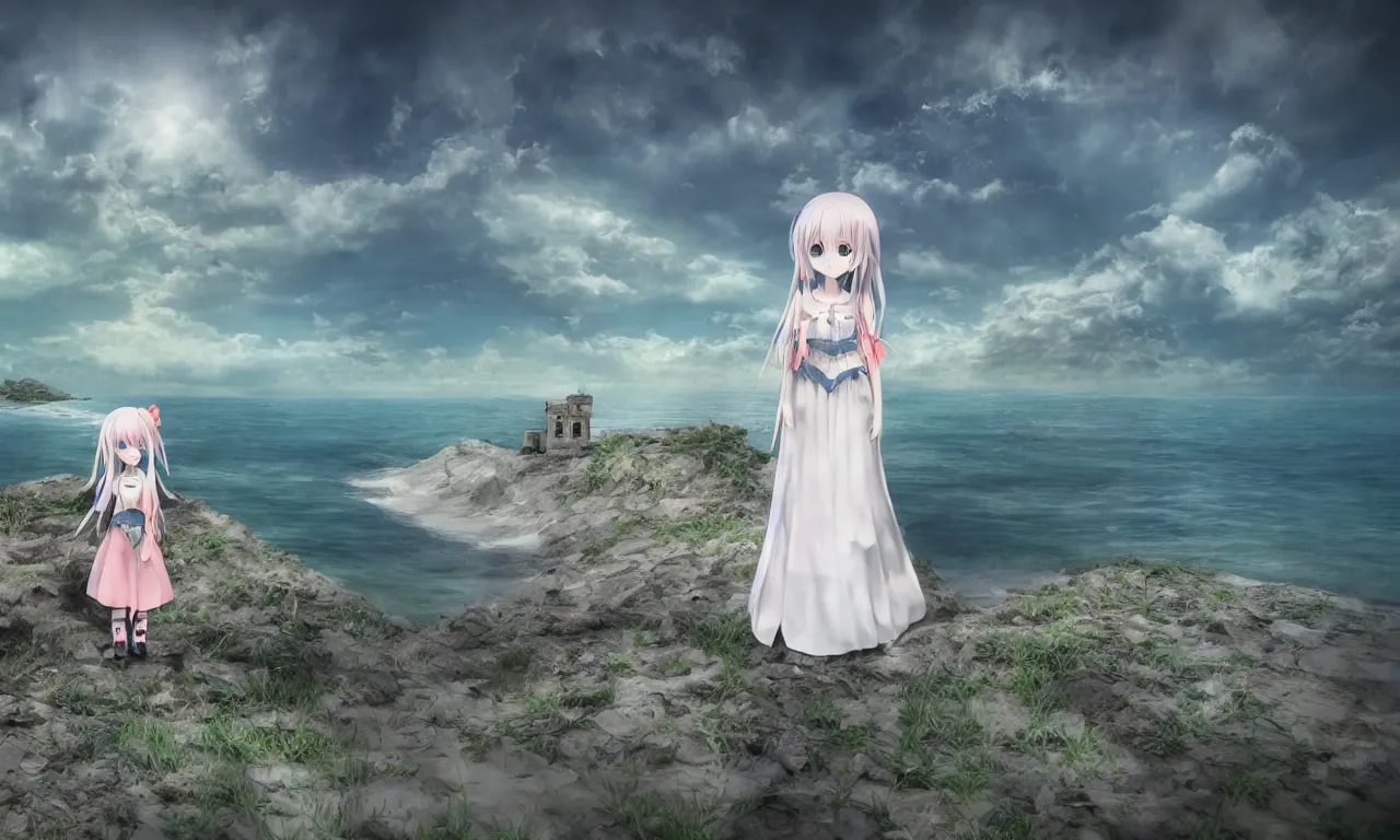 Image similar to cute fumo plush girl enigmatic gothic maiden anime girl on an abandoned island surrounded by the sea, marine seascape, vignette, vray