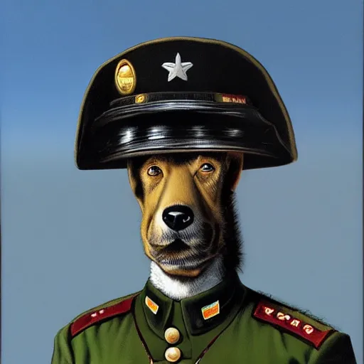 Prompt: peter elson painting of an old anthropomorphic dog in an army uniform