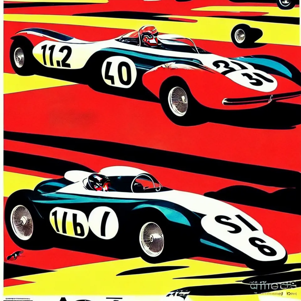 Image similar to a vintage car racing poster by alex ross