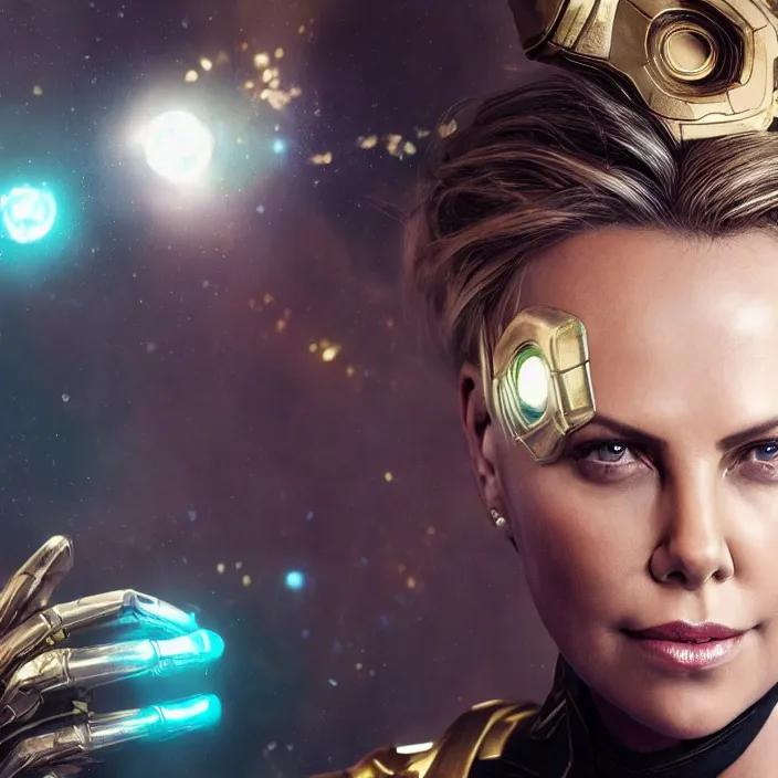 Image similar to portrait of (Charlize Theron), wearing The Infinity Gauntlet. intricate artwork. octane render, trending on artstation, very coherent symmetrical artwork. avengers. thanos. cinematic, hyper realism, high detail, octane render, 8k, iridescent accents