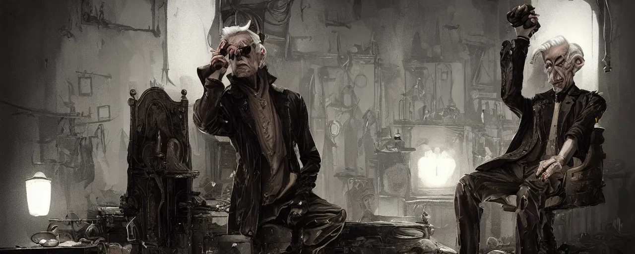 Image similar to duotone sepia comic noir illustration 3 / 4 portrait of emiel regis old vampire with silver hair sideburns in leather clothes from wicther 3 sitting in a crypt workshop. by sachin teng and sergey kolesov and ruan jia and heng z. graffiti art, scifi, fantasy, hyper detailed. octane render. concept art. trending on artstation