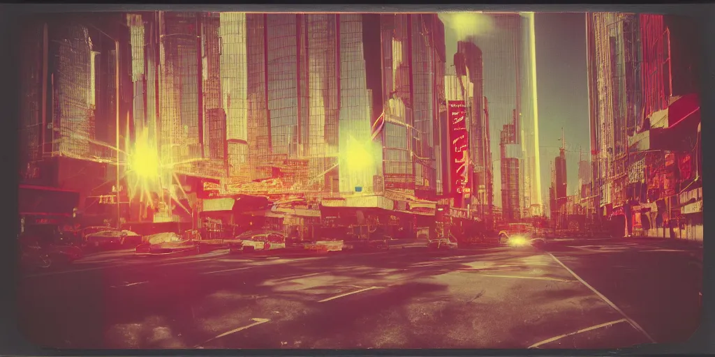 Prompt: analog vintage photography portrait polaroid of a futuristic chrome city, drone footage, lights, bright sunshine reflections, lensflare, red color bleed, heavy film grain, bloom, glow