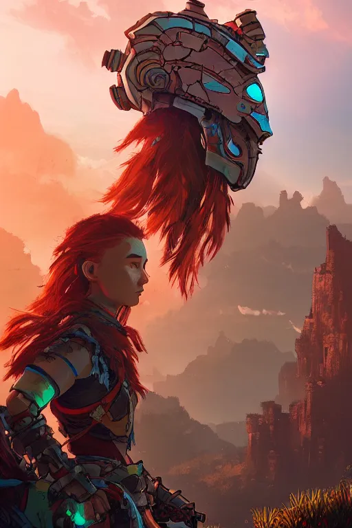 Image similar to combination suit armor aloy horizon forbidden west horizon zero dawn radiating a glowing aura global illumination ray tracing hdr fanart arstation by ian pesty and alena aenami artworks in 4 k tribal robot ninja mask helmet backpack