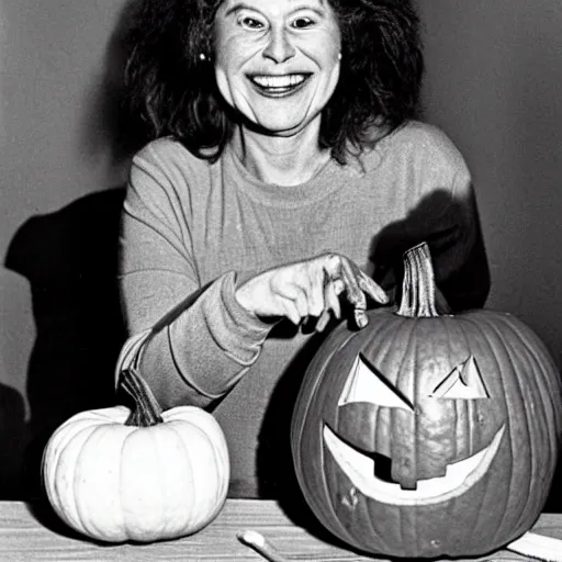 Image similar to 1 9 8 0 s woman smiling while she is painting a funny face on a pumpkin, newspaper photo
