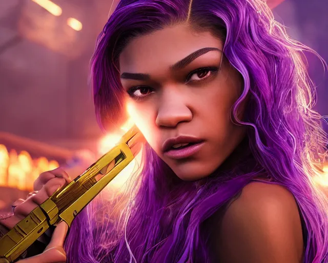 Image similar to Zendaya in heroic pose with weapon, cinematic, 4k, hyper realistic, super detailed, colorful accents, purple hair, golden ratio, symmetrical face, highly detailed professional photo, centered, rim lights, vray caustics, hyper realistic