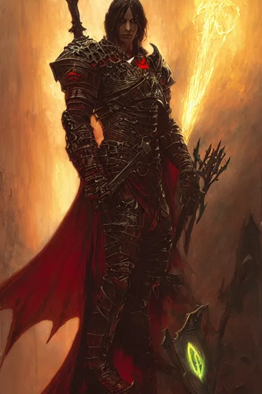 Prompt: vampire elf in impressive stone armor with red glowing eyes, holding a demonic spear that glows with red energy portrait dnd, painting by gaston bussiere, craig mullins, greg rutkowski, yoji shinkawa
