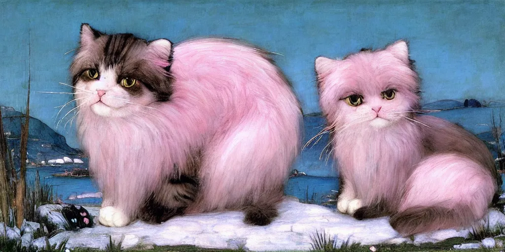 Image similar to 3 d precious moments plush cat with realistic fur, snowy mountain landscape, john william waterhouse color palette, master painter and art style of john william waterhouse and caspar david friedrich and philipp otto runge, blue / white / gray / green / pink / tan / mid pink / blue gray color scheme,