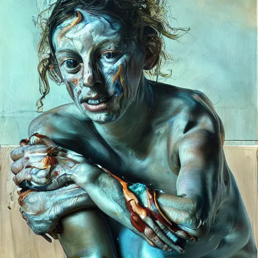 Image similar to high quality high detail painting by lucian freud and jenny saville, hd, human with 4 arms, turquoise