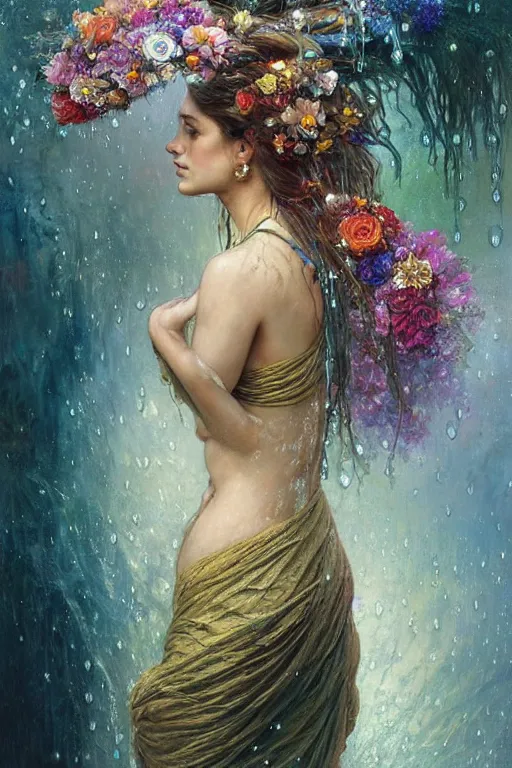 Image similar to portrait of a beautiful woman wearing a sari dress, holding a bouquet of flowing flowers, drenched body, wet dripping hair, emerging from the water, fantasy, regal, fractal crystal, fractal gems, by ross tran stanley artgerm lau, greg rutkowski, thomas kindkade, alphonse mucha, loish, norman rockwell