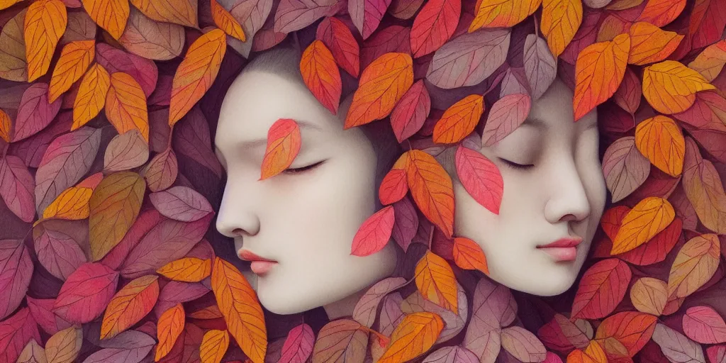 Image similar to breathtaking detailed pattern pastel colors of a woman made of autumn leaves, by hsiao - ron cheng, bizarre compositions, exquisite detail, 8 k