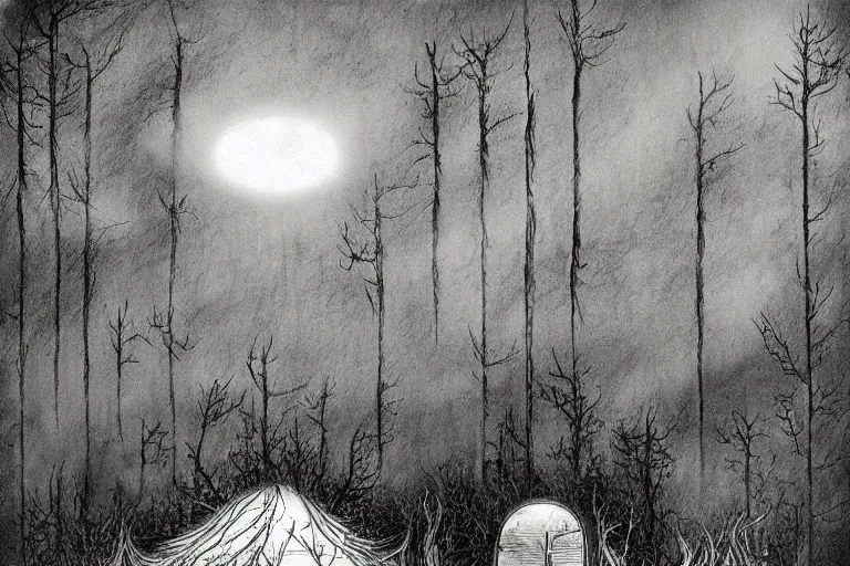 Prompt: UFO landing in a haunted the dark forest artwork by ben templesmith