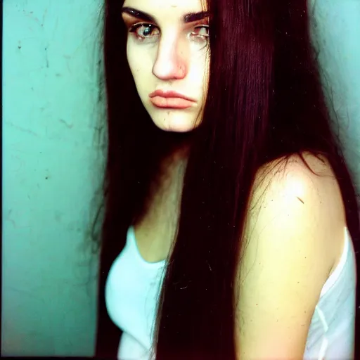 Image similar to 35mm film photo of an atractive cool alternative bosnian woman in her early 20s. beautiful face. She has dark brown hair, dark thick eyebrows, brown eyes and shoulder long hair.