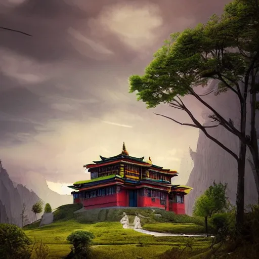 Prompt: house inspired by a tibetan palace on a hill, big green trees, colorful clouds, dramatic lighting, artstation, matte painting, raphael lacoste, simon stalenhag, frank lloyd wright