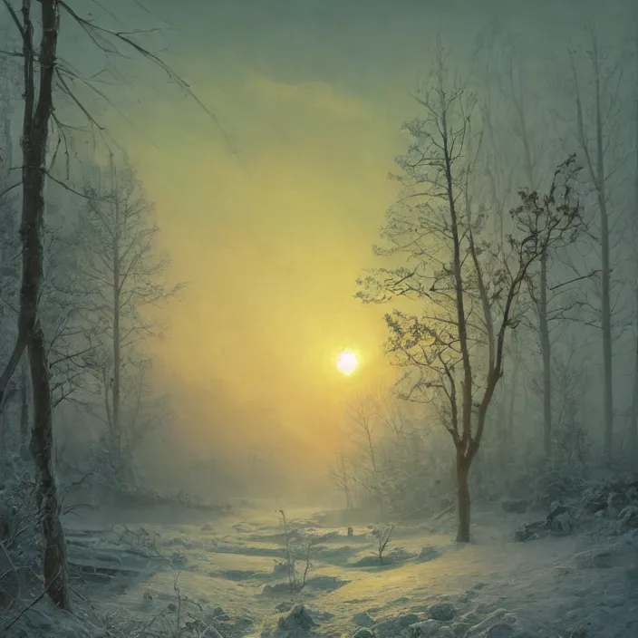 Prompt: a beautiful painting of winter chernobyl sunset by ivan aivazovsky and zdzisław beksinski and simon stalenhag and greg rutkowski and james gurney, in style of digital art. hyper detailed, sharp focus, soft light. octane render. maya. ray tracing. trending on artstation