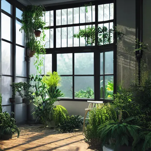 Prompt: sunroom made of plants and filled with plants, sunlight coming in. intricate artwork. halo. octane render, cinematic, hyper realism, octane render, 8k, bokeh, dark, mist, illuminating fog, vibrant colors. scheme.