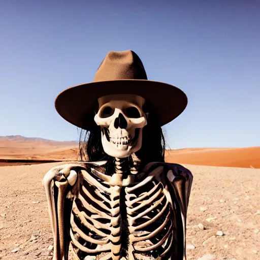 Image similar to skeleton standing in the desert, wearing a hat with a flower on it.