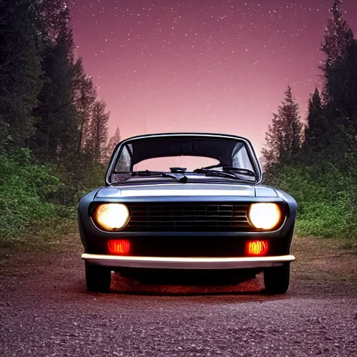 Prompt: fiat 1 2 4 in the dark forest, night, headlights on