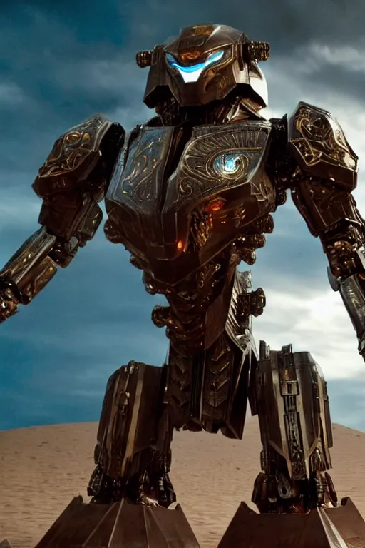 Image similar to cinematic still in dune movie and pacific rim movie and ps 5 game machine warrior 5, intricate ornate humanoid mecha warrior,