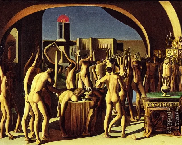 Image similar to a pagan ritual to summon the partying god by de chirico, giorgio